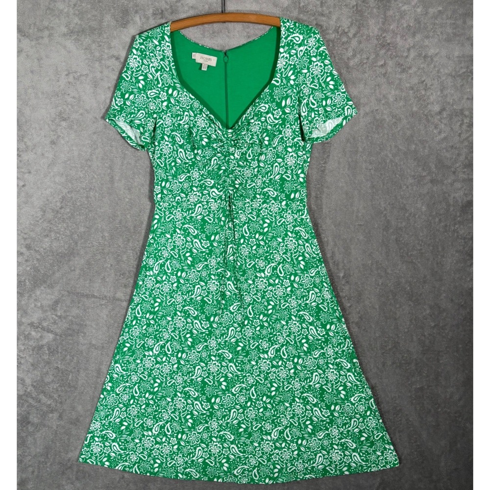 Hobbs London Green Floral Paisley Midi Dress Short Sleeve Ruched US 10 UK 14โ
